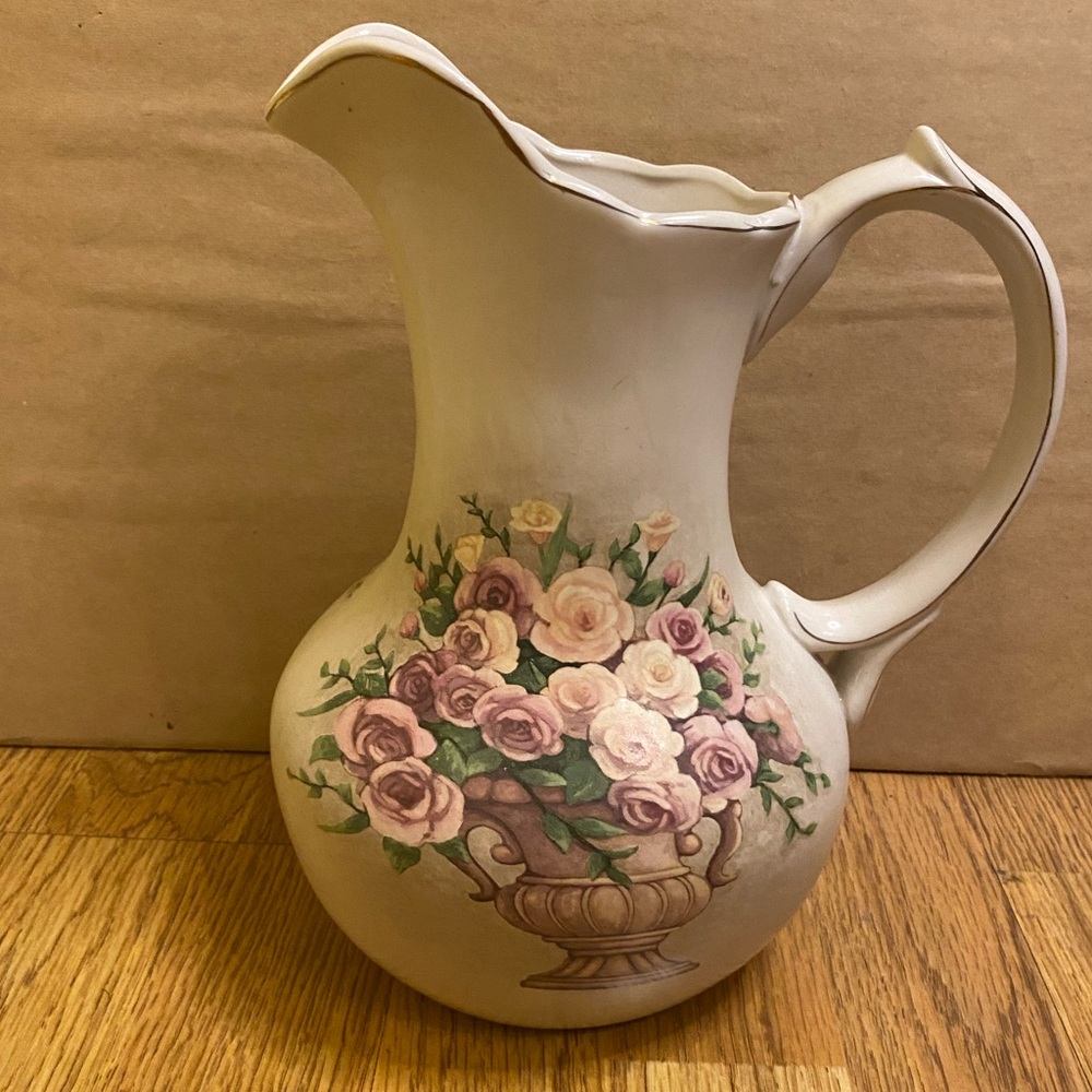 Vintage Ceramic Floral Painted Pitcher Vase From Belk. Kitchen And Home Decor.